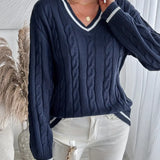 Amy Women’s Sweater – Navy V-Neck Cable Knit Pullover