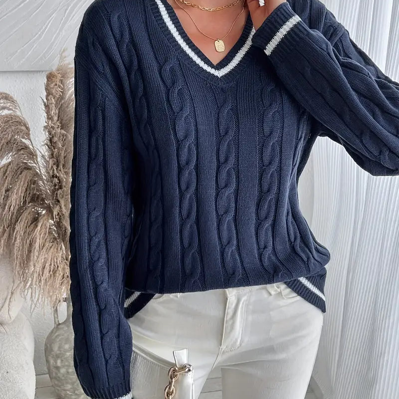 Amy Women’s Sweater – Navy V-Neck Cable Knit Pullover
