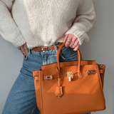 Structured Leather Handbag with Gold Hardware – Women’s Top Handle Bag