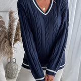 Amy Women’s Sweater – Navy V-Neck Cable Knit Pullover
