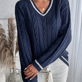 Amy Women’s Sweater – Navy V-Neck Cable Knit Pullover