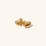 Gold Plated Heart Stud Earrings with Ribbed Design and Crystals