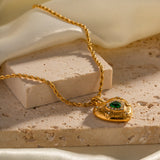 Gold Plated Heart Pendant Necklace with Green Stone & Crystals