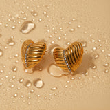 Gold Plated Heart Stud Earrings with Ribbed Design and Crystals