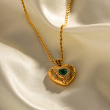 Gold Plated Heart Pendant Necklace with Green Stone & Crystals
