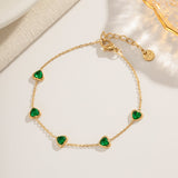 Gold Plated Bracelet with Green Heart Charms and Adjustable Chain