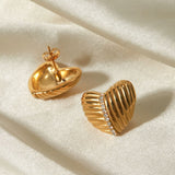 Gold Plated Heart Stud Earrings with Ribbed Design and Crystals