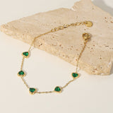 Gold Plated Bracelet with Green Heart Charms and Adjustable Chain
