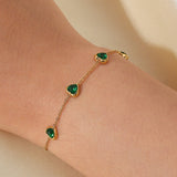 Gold Plated Bracelet with Green Heart Charms and Adjustable Chain