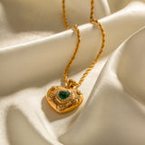 Gold Plated Heart Pendant Necklace with Green Stone & Crystals