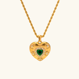 Gold Plated Heart Pendant Necklace with Green Stone & Crystals