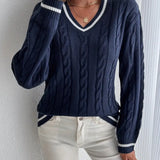 Amy Women’s Sweater – Navy V-Neck Cable Knit Pullover