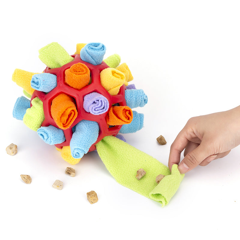 Interactive Dog Treat Ball – Foraging Toy with Hidden Fabric Pockets